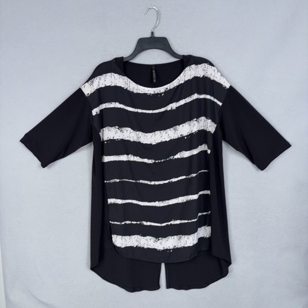 IC by Connie K Tunic Womens Large Black White Striped Split Back Art To Wear